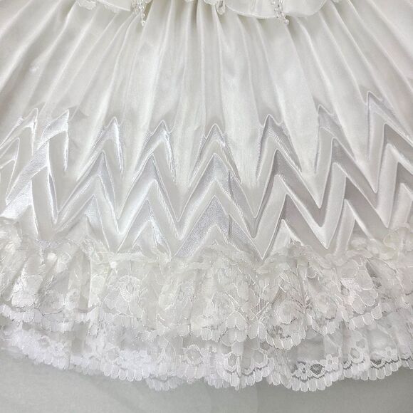 Vintage Kids Fashion Dress 18M White Poly Satin Lace Pink Rosettes Pleated Fancy - Picture 5 of 9